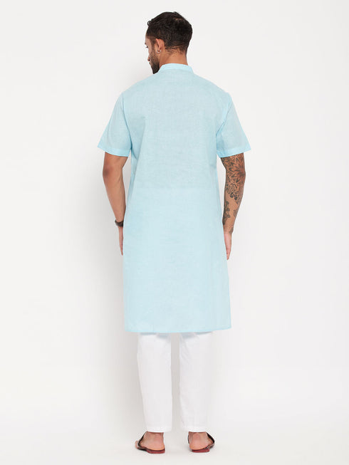 Vastramay Men's Aqua Blue Solid Kurta with White Pant Style Pyjama Set